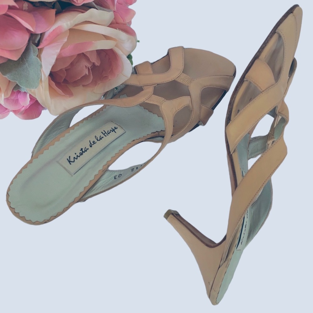 KRISTA DE LA HARPE NUDE SQUARE TOE KETTEN HEEL LEATHER SANDALS